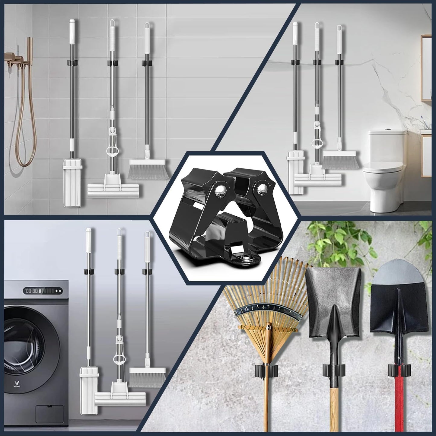3-H Stainless Steel Broom Holder Wall Mount 15-Pack- Heavy Duty Mop Organizer, Wall Mounted Broom Storage with Secure Mounting for Laundry Garage Bathroom