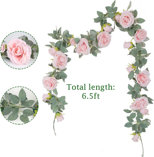 TELDRASSIL 4Pcs(26 FT) Artificial Rose Vine Fake Flower Garland Fake Silk Rose Hanging Vine for Wedding Party Background Arch Garden Background Decoration (Pink)