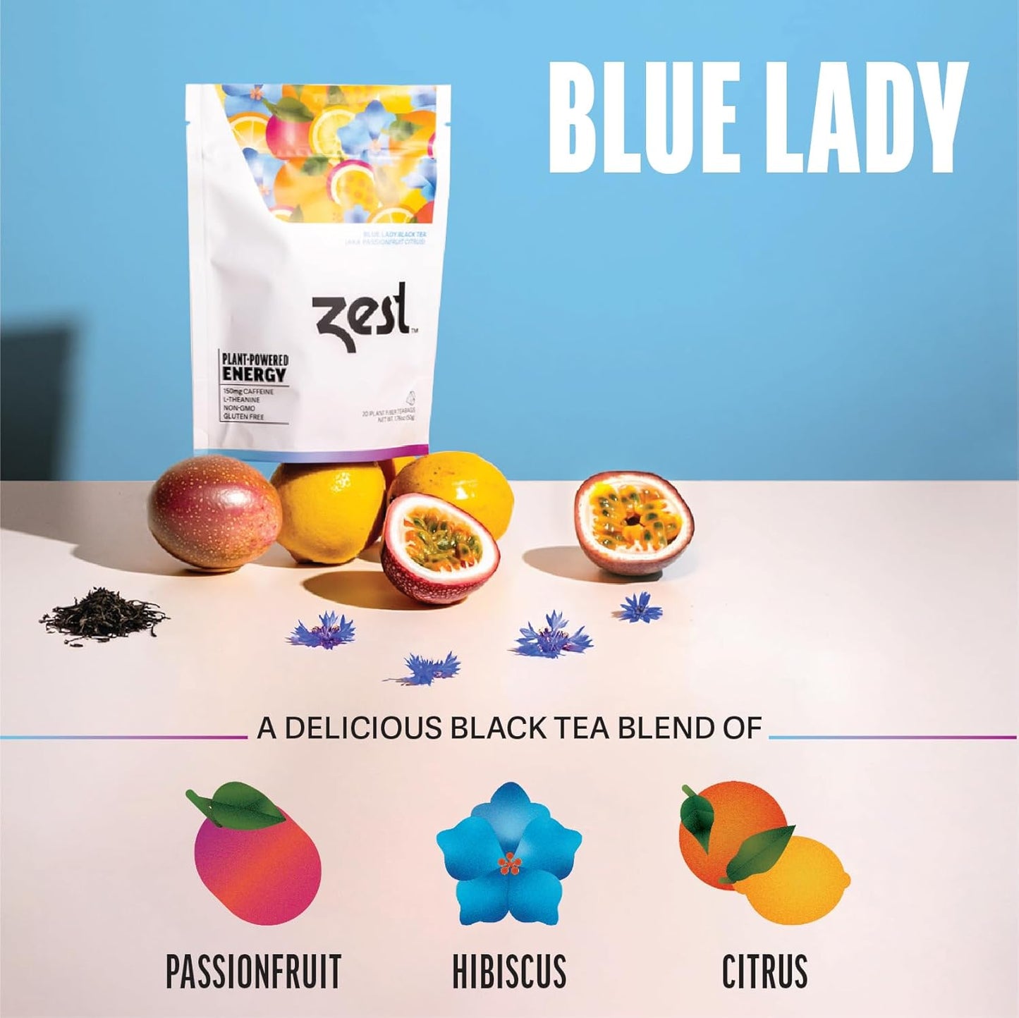 Zest Energy Tea Bags – Blue Lady Passion Fruit Black Tea – High Caffeine Tea for Morning Energy, Focus & Clarity – Natural Caffeinated Tea with 150mg Caffeine – 20Ct Pack – Non-GMO & Keto Friendly