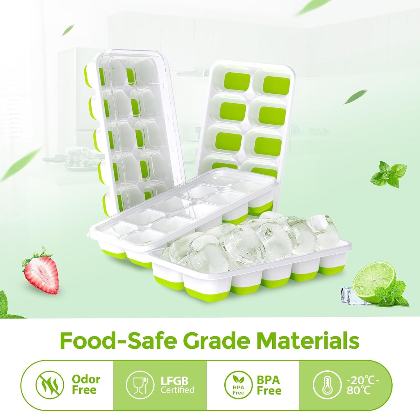DOQAUS Ice Cube Tray with Lids - 4 Pack Stackable Silicone Ice Trays for Freezer, BPA & LFGB Safe, Easy Release for Kitchen, RV, Cocktail, Coffee, Soup & Food