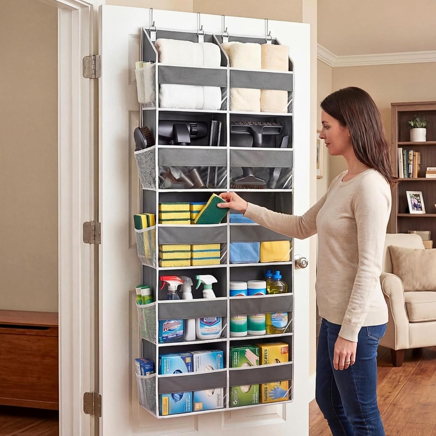 Over the Door Organizer 5 Tiers, Extra Large Behind Door Storage of 10 Compartments, 80 lbs Weight Capacity Over Door Organizer, Door Hanging Organizer for Closet, Diaper Organizer, Room storage | Behind Door Storage, Over Door Organizer, Room storage