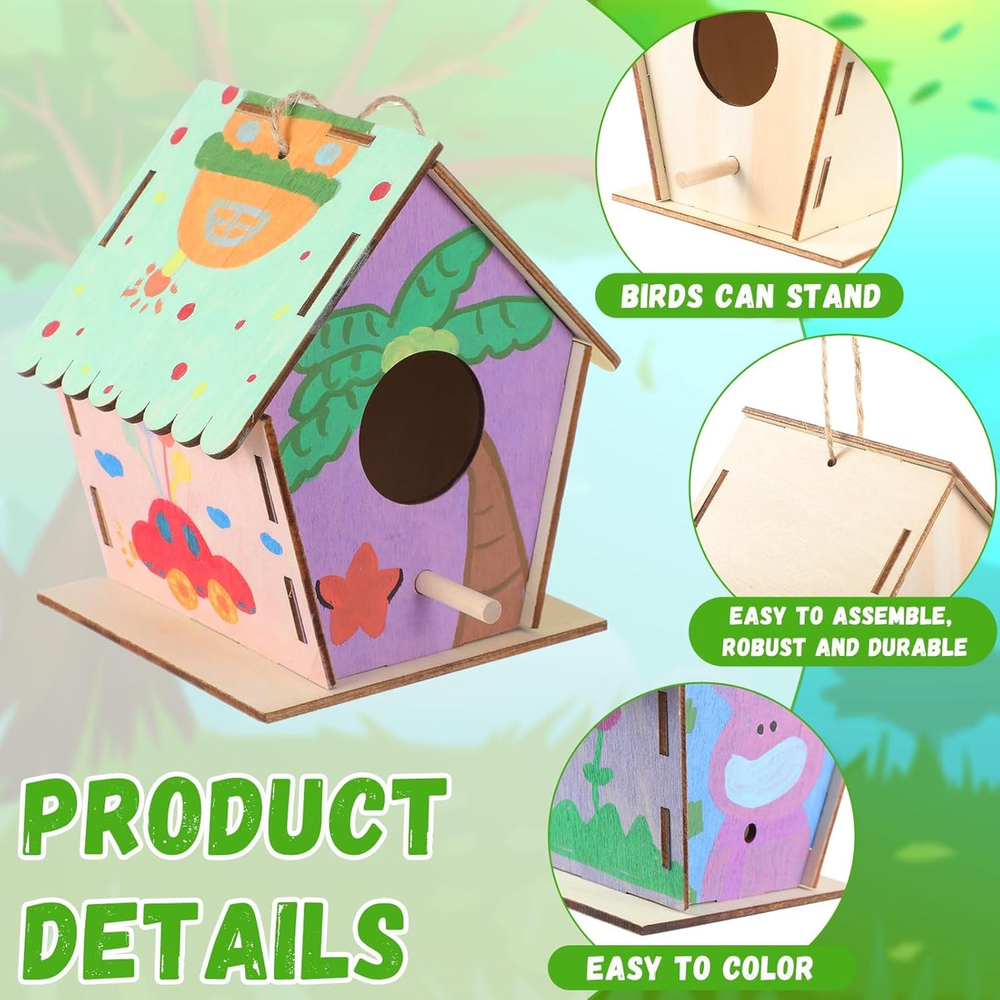 24 Pack 4. 3" Wooden Bird Houses Bulk for Kids with Front Perch Peg, DIY Kid Art Craft Outdoor Birdhouse Kit Unfinished Hanging Birdhouse Class Activity for Girls Boys to Build and Paint