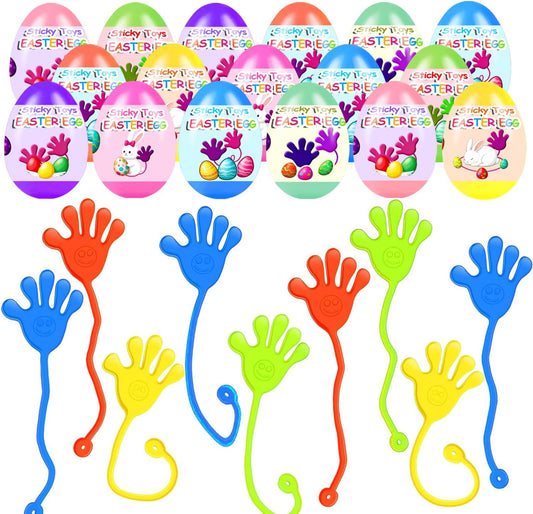 24 Pack Prefilled Easter Eggs with Sticky Hand Toys for Kids Girls Boy