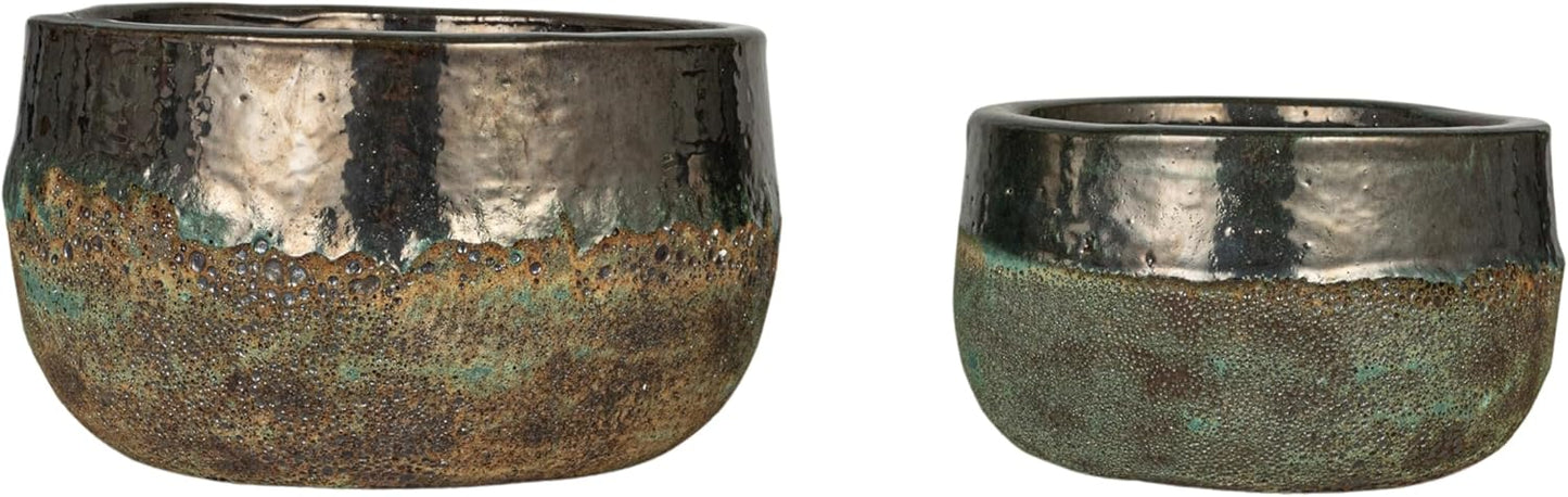 Creative Co-Op Textured Terra-Cotta Planters, Set of 2, Blue and Brown