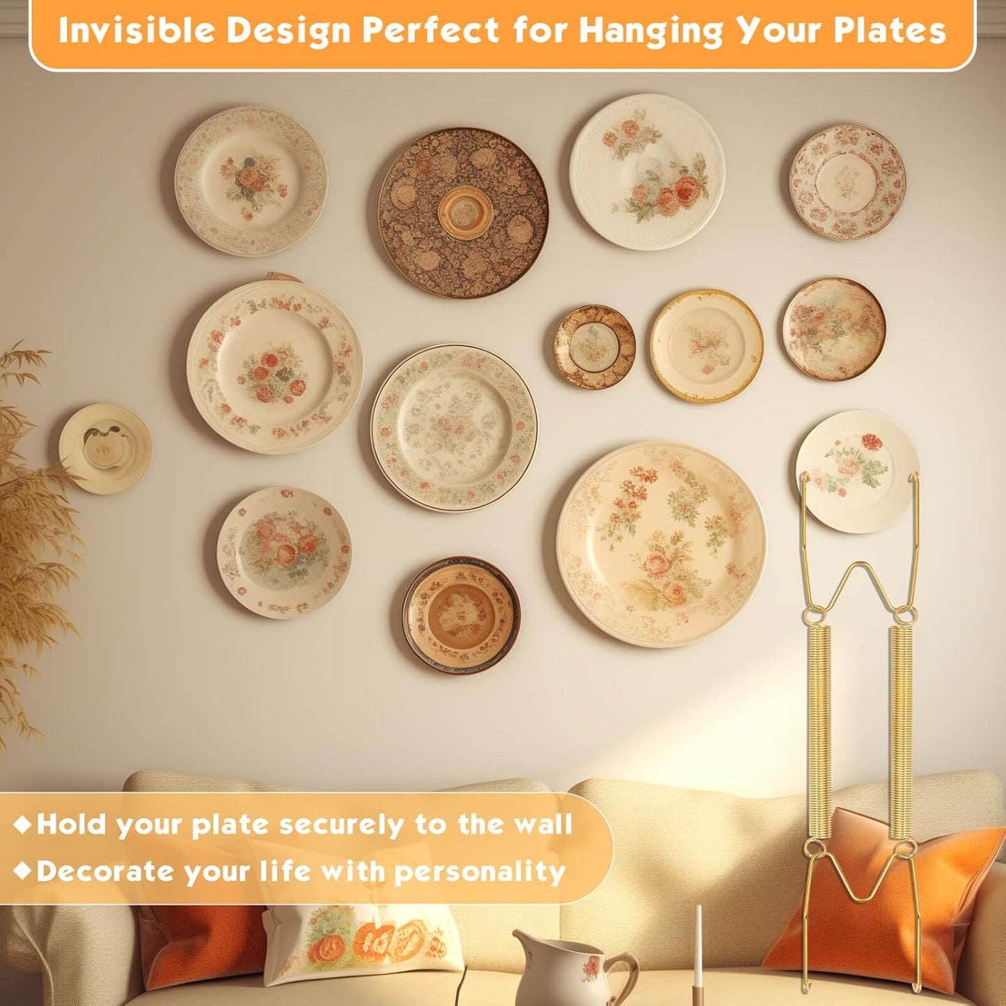 14 pcs Plate Hangers for The Wall, 4/6/8/10/12 Inch Invisible Decorati