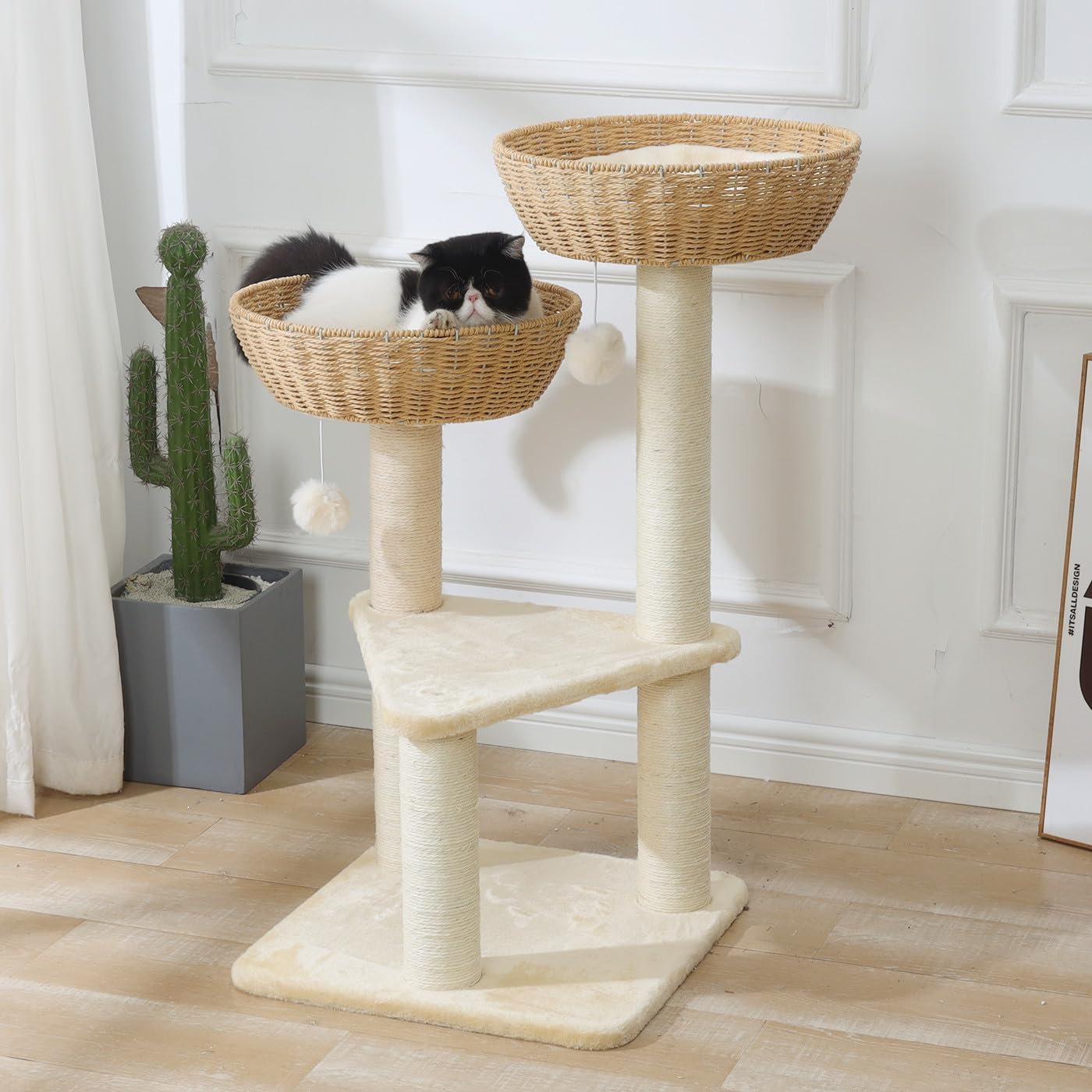 SHENGOCASE Cat Tree Tower with Rattan Wicker Basket, 2 Handwoven Large