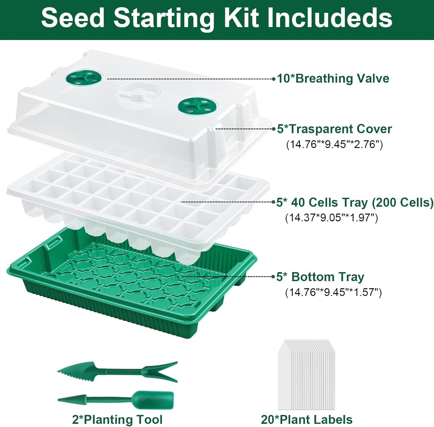 5 Pack Seed Starter Tray Seed Starter Kit (200 Cells Total Tray) with 