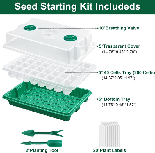 5 Pack Seed Starter Tray Seed Starter Kit (200 Cells Total Tray) with 