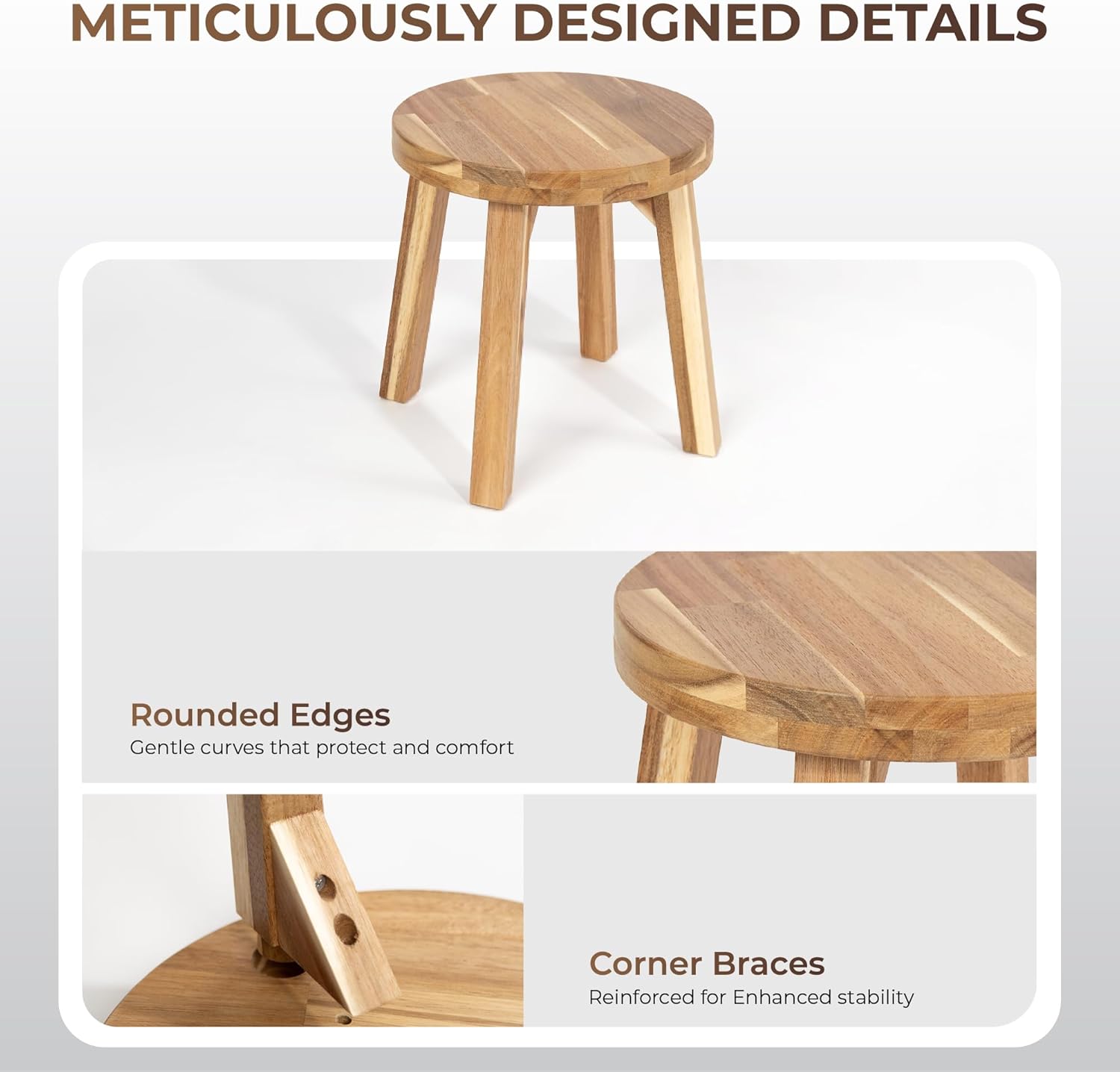 Round Stool Acacia Wood, 12" Height, 11" Round Top, Backless, Easy Ass