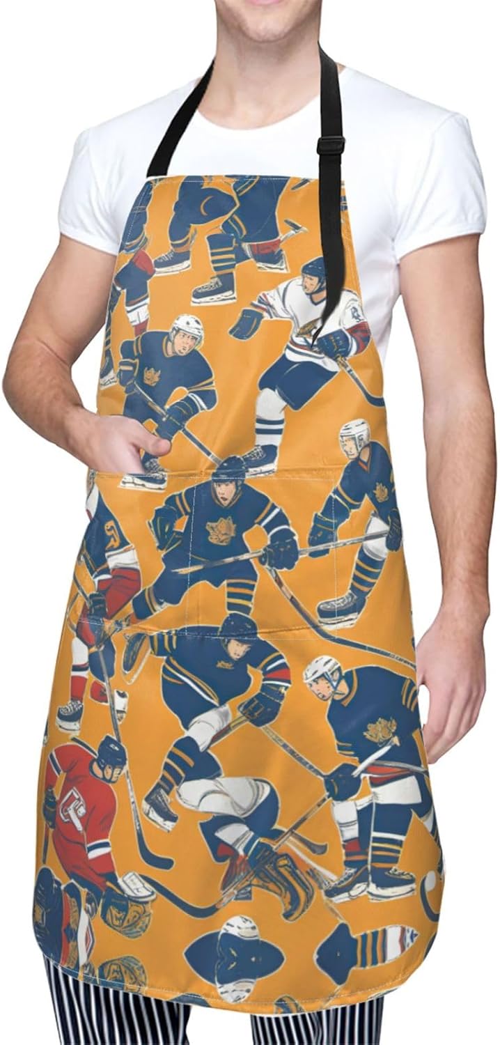 hockey print Waterproof chef's apron with pocket apron for kitchen cooking baking barbecue and gardening
