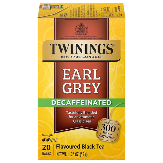 Twinings Earl Grey Decaf Black Tea - Refreshing Earl Grey Decaffeinated Tea Bags with the Flavor of Bergamot and Citrus, Individually Wrapped Decaf Tea Bags, 20 Count