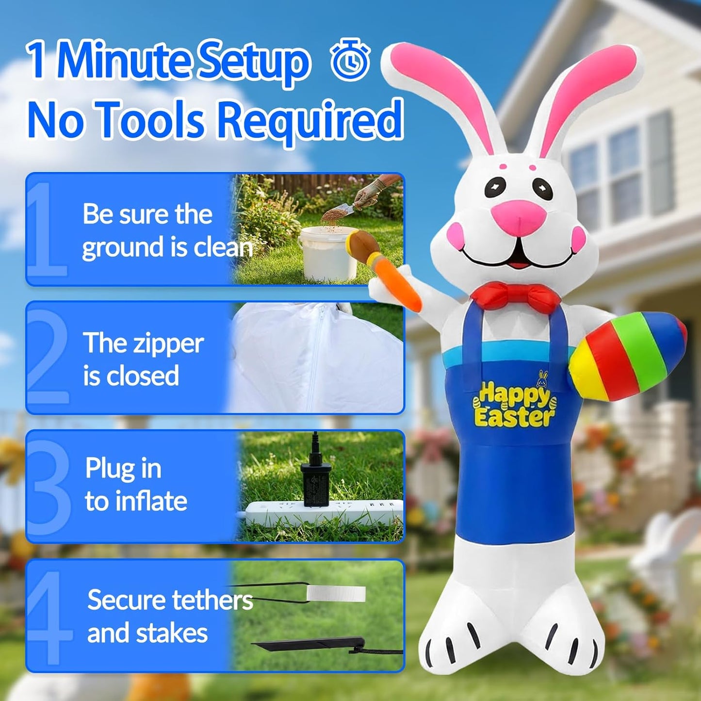 8 FT Easter Inflatable Bunny Painting Eggs Decoration, Giant Blow Up Rabbit with LED Lights, Outdoor Inflatables Yard Decor with Stakes for Lawn Garden Spring Holiday Party