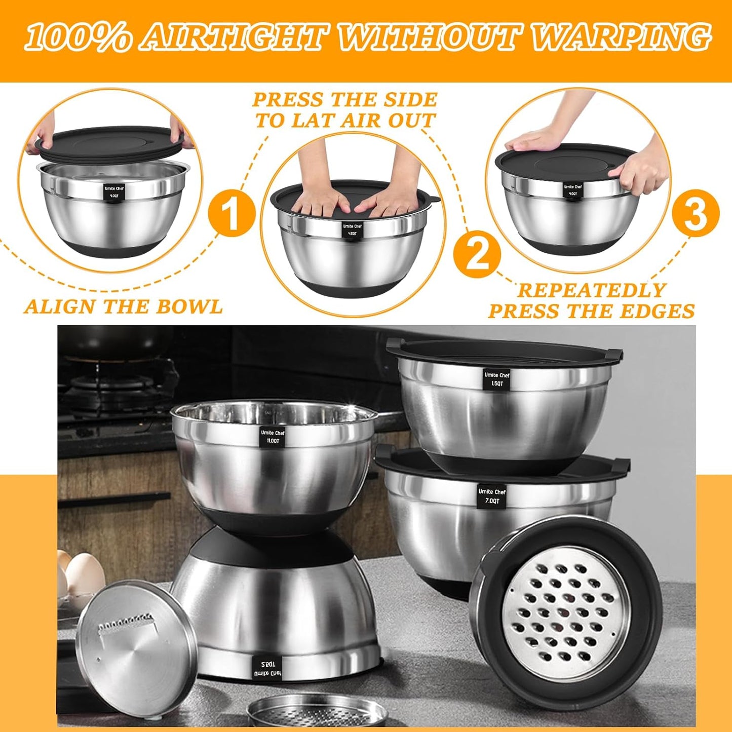 Umite Chef Mixing Bowls with Airtight Lids, 26Pcs Stainless Steel Bowl