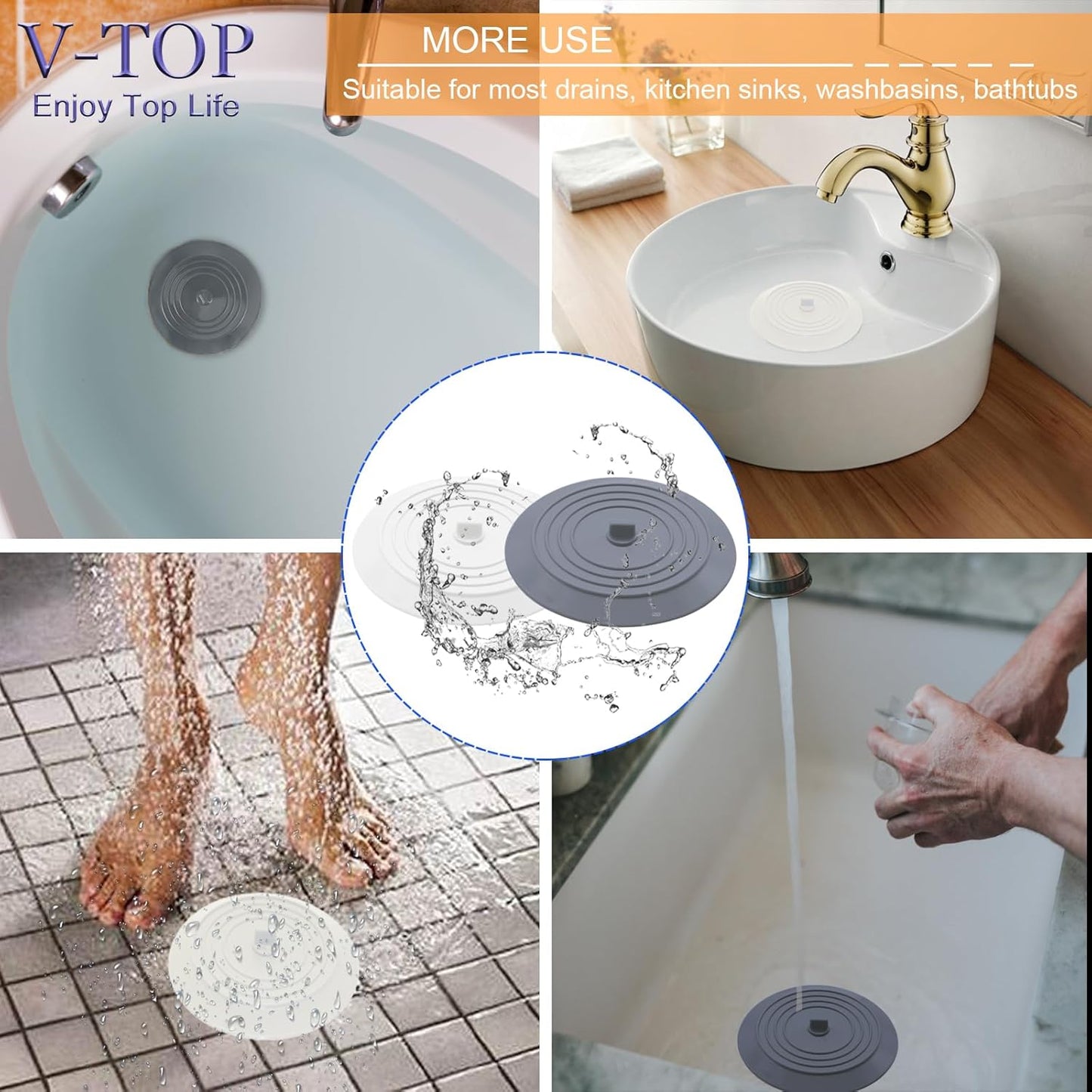 V-TOP Bathtub Drain Stopper 2 Pack, 5 inches Silicone Tub Stopper Shower Drain Cover, Bath Tub Plug Hair Stopper,Universal Flat Suction Renter Friendly Bath Accessories (White&Grey, 5 inch)