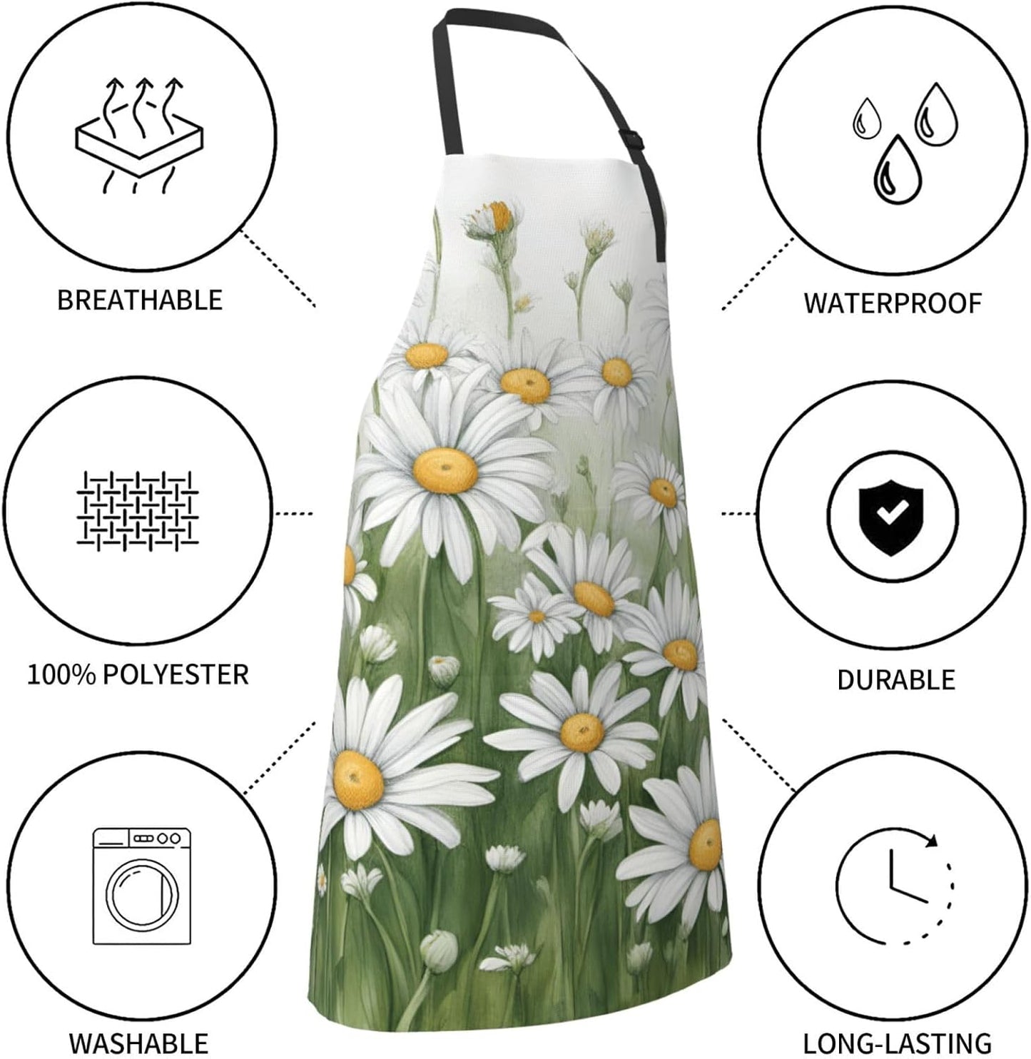 YANYU White Daisy Print 28x33 In Kitchen Apron Stylish Chef Apron with Pockets for Cooking Baking Painting