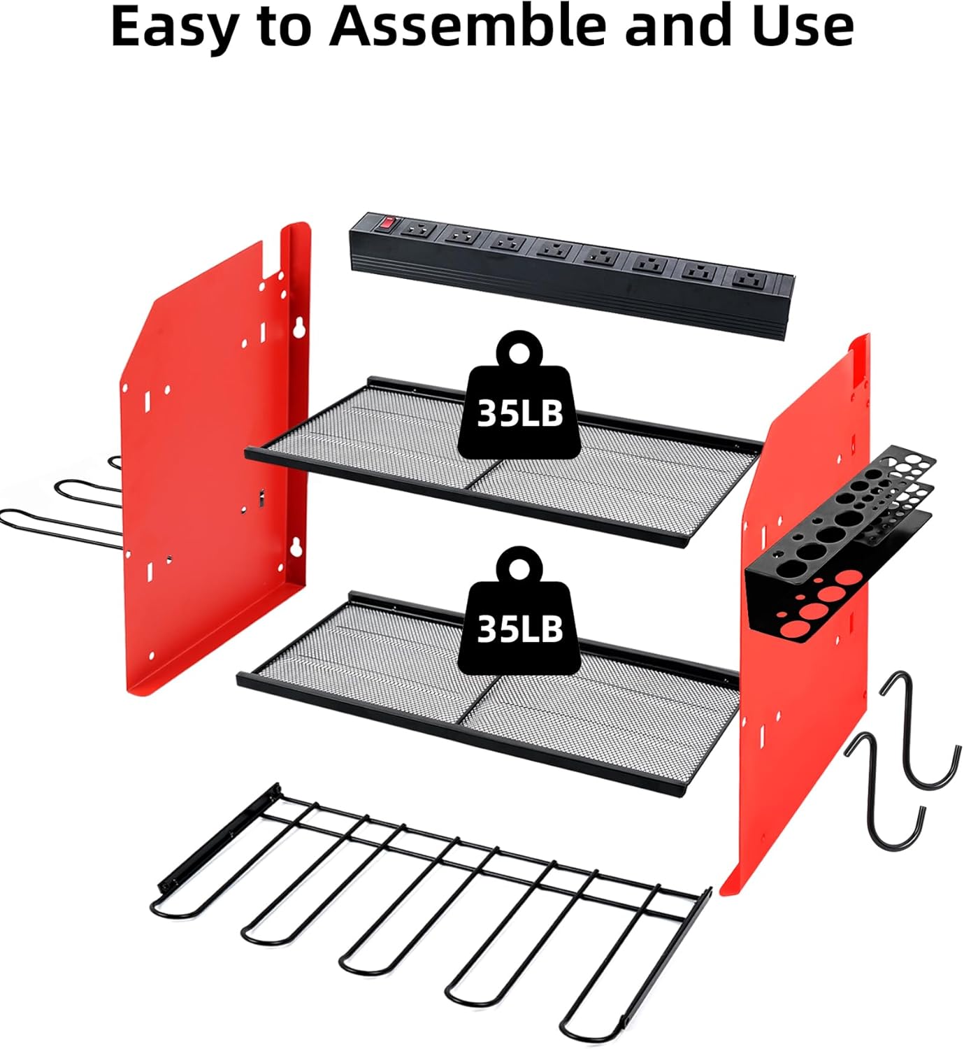 Power Tool Organizer wtih Charging Station，3 Layers Storage Rack with Screwdriver Rack 6 Drill Holders 8 Outlets Max Load 110lbs，for Workshop Garage Organizers and Storage Tool Battery Holder (Red)