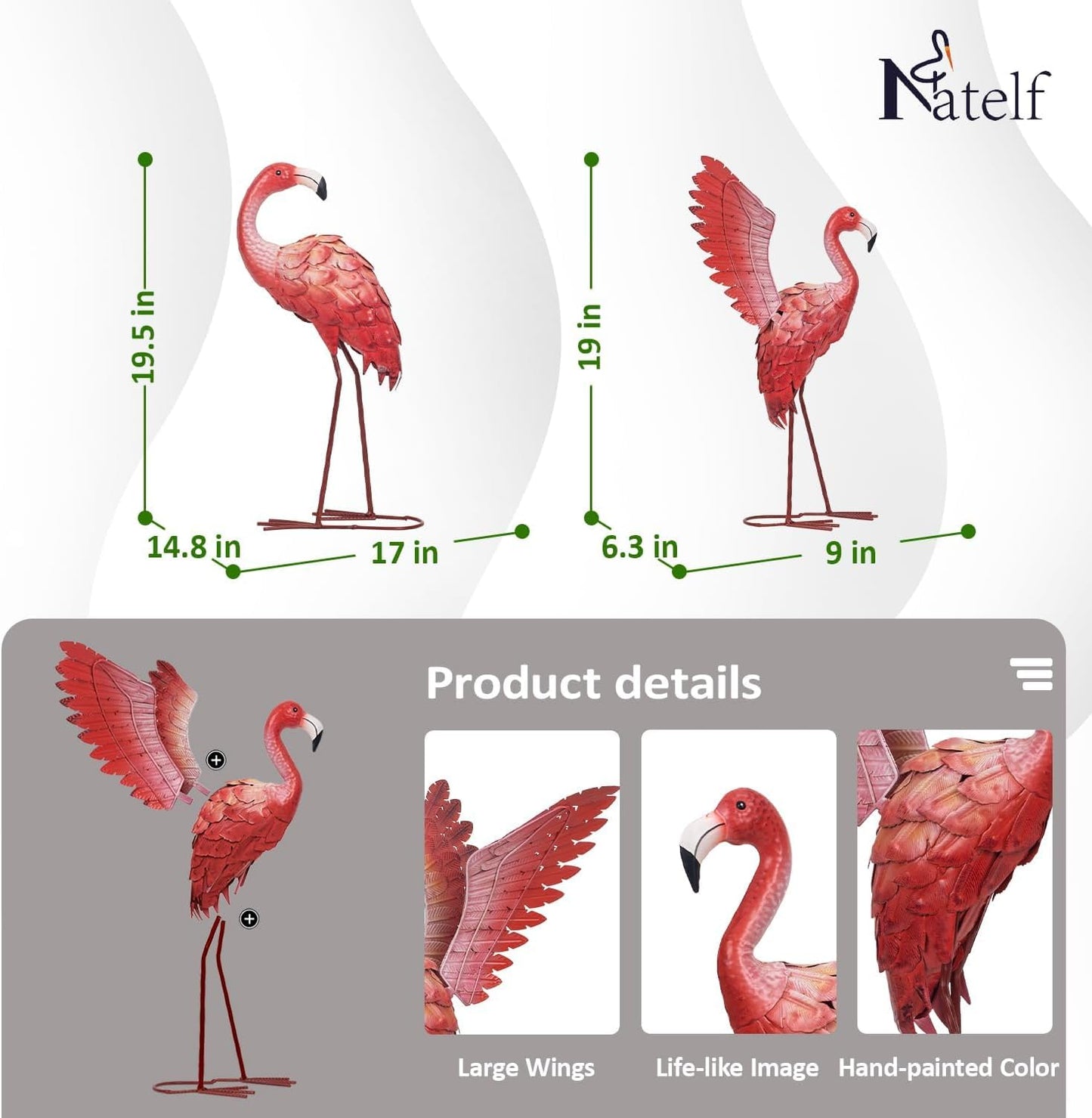 Natelf Flamingos Garden Statues Small Outdoor Decor, Set of 2 Metal Yard Art with Spread & Folded Wings, Weather-Resistant Pink Flamingo Lawn Sculpture for Patio, Backyard - Gift for Women, Mom