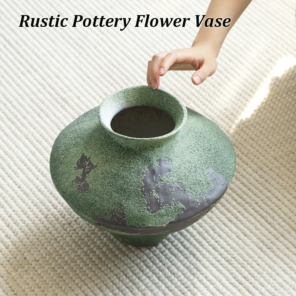 Large Green Rustic Ceramic Flower Vase Wabi Sabi Stoneware Planter Pot for Garden Home Decor Farmhouse Decor