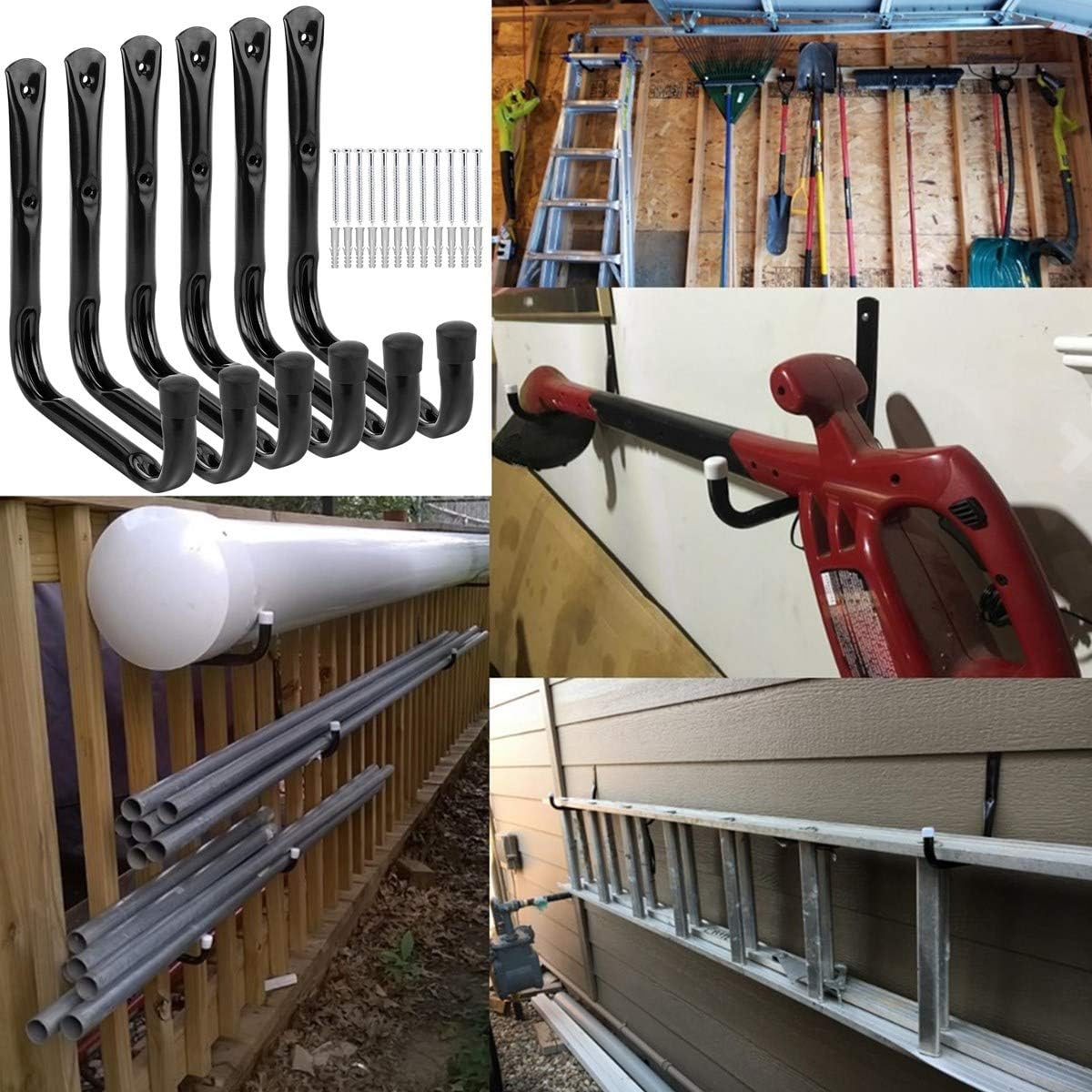 Garage and Garden Storage Utility Hooks Heavy Duty Jumbo Arm Hanger (6 Pcs Black 8" J Hook)