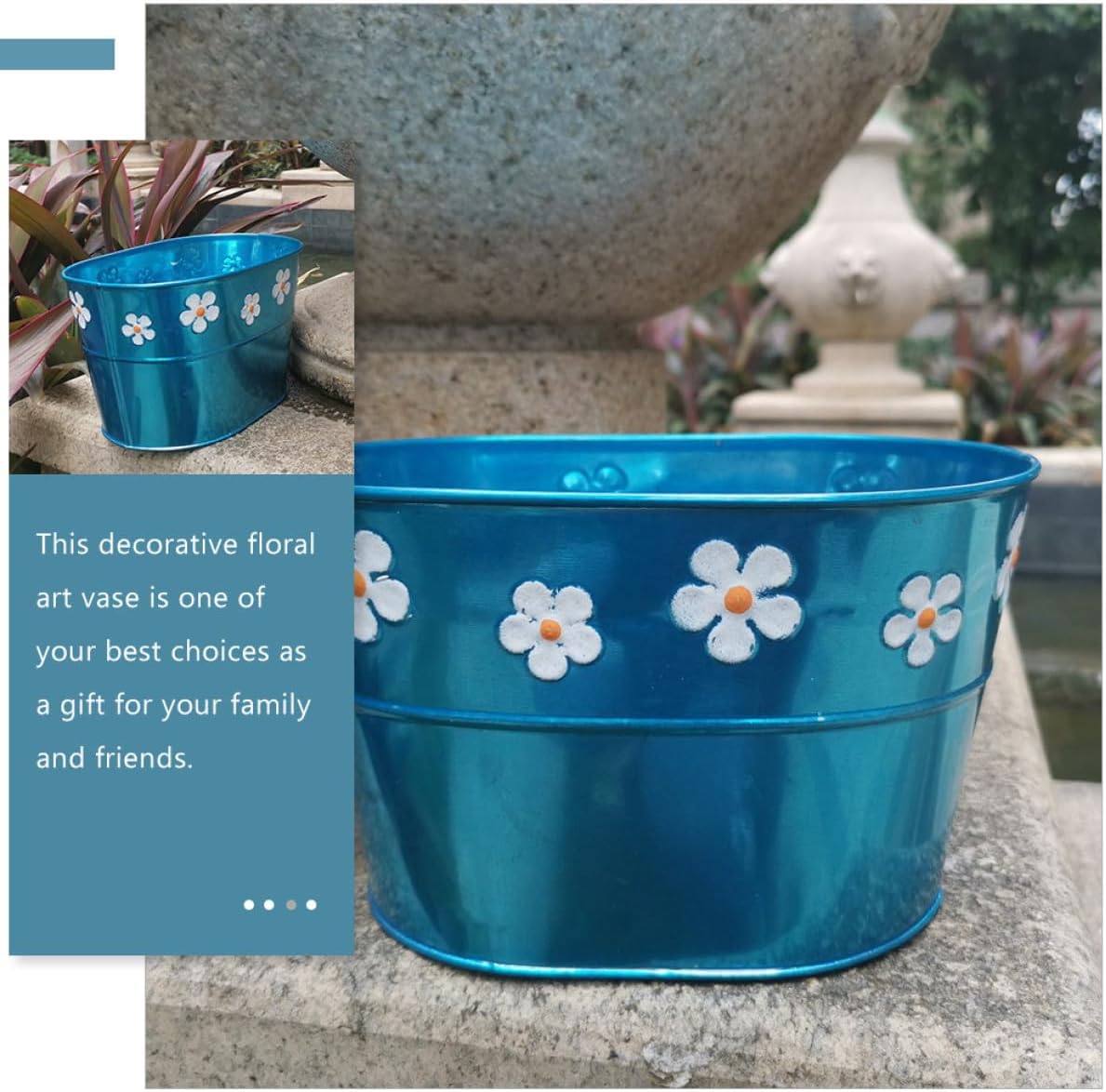 BESTOYARD Vintage Blue Floral Embossed Iron Flower Bucket with Handle 