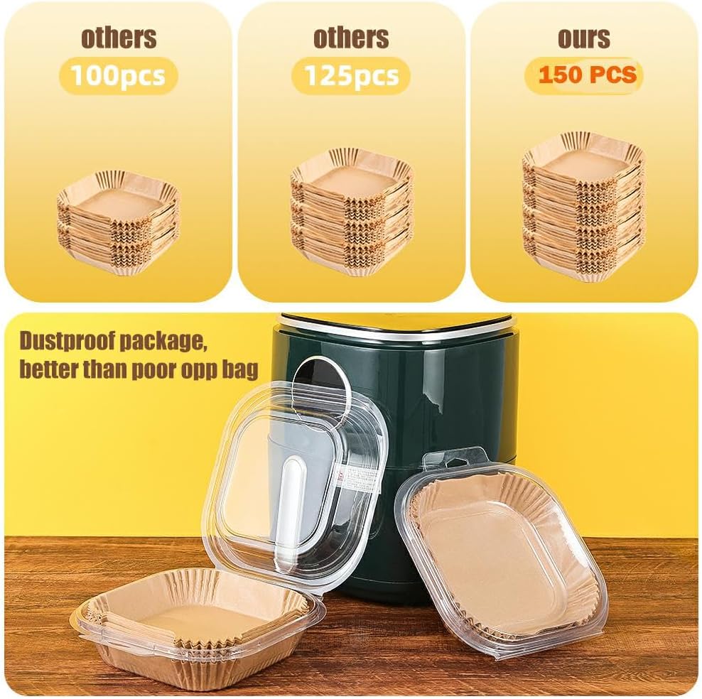 7.5 Inch Air Fryer Parchment Paper Liners Square,150 Pcs Non-stick &Oil-proof Air Fryer Liners Disposable for 2-5 QT Frying,Baking,Roast