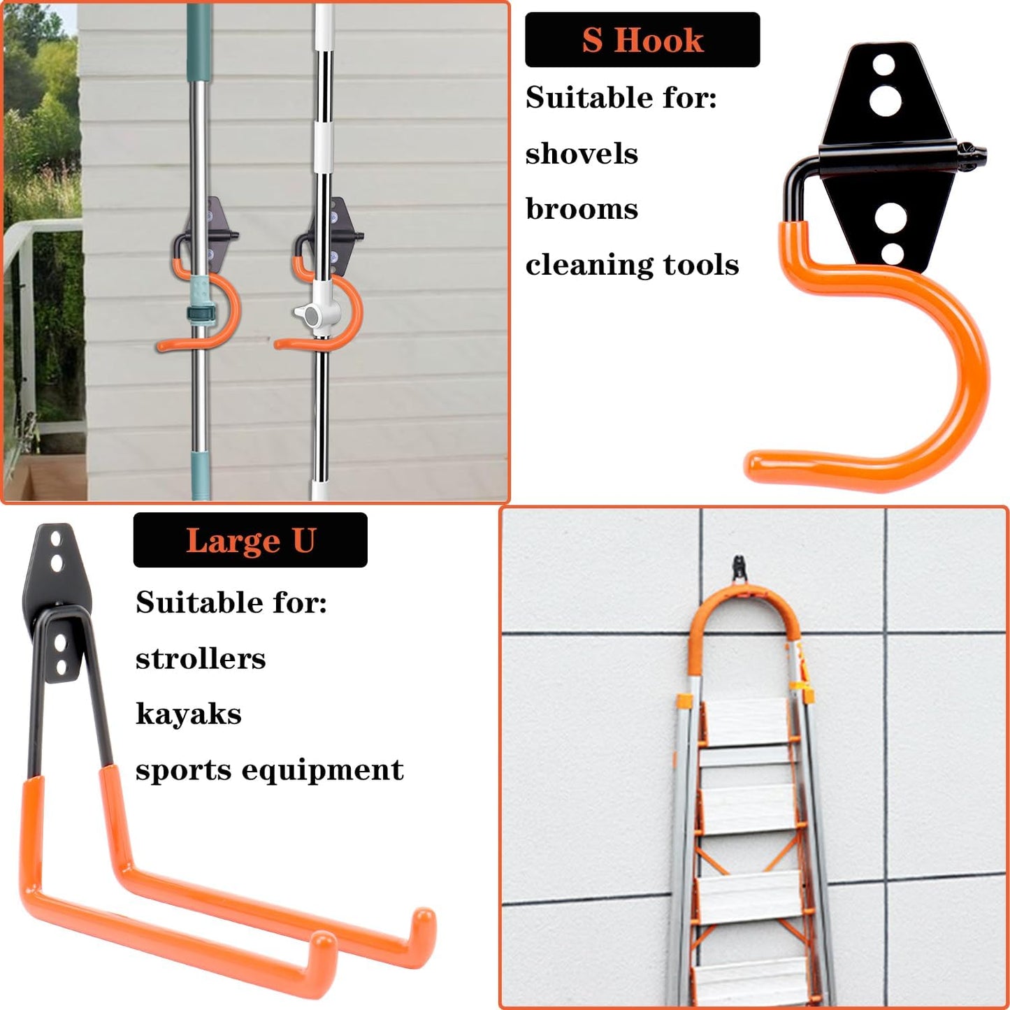 TocTen Garage Hooks, 14 Pack Garage Storage Hook Heavy Duty Solid Steel Wall Hooks, Wall Mount Storage Hook Kit with Anti-Slip Coating Ladder Hooks for Hanging Garden Tools Chair Hose Ropes (Orange)