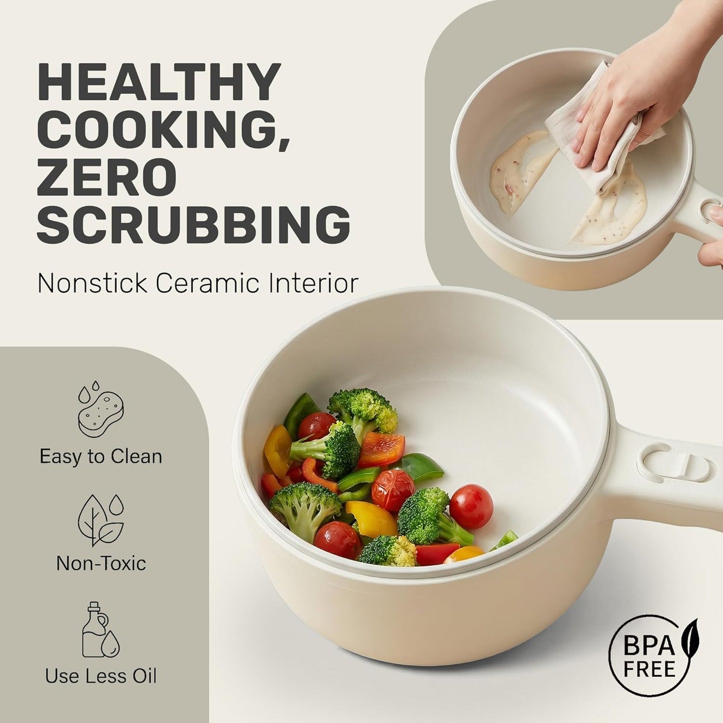 PRO 2.5L Electric Hot Pot with Lid & Steamer, All in 1 Non Toxic Ceramic Cooker Skillet Hotpot and Deep Fryer Pot for Ramen, for Dorms, Camping, RVs, Adjustable Temp. - New Improved 2026 Model