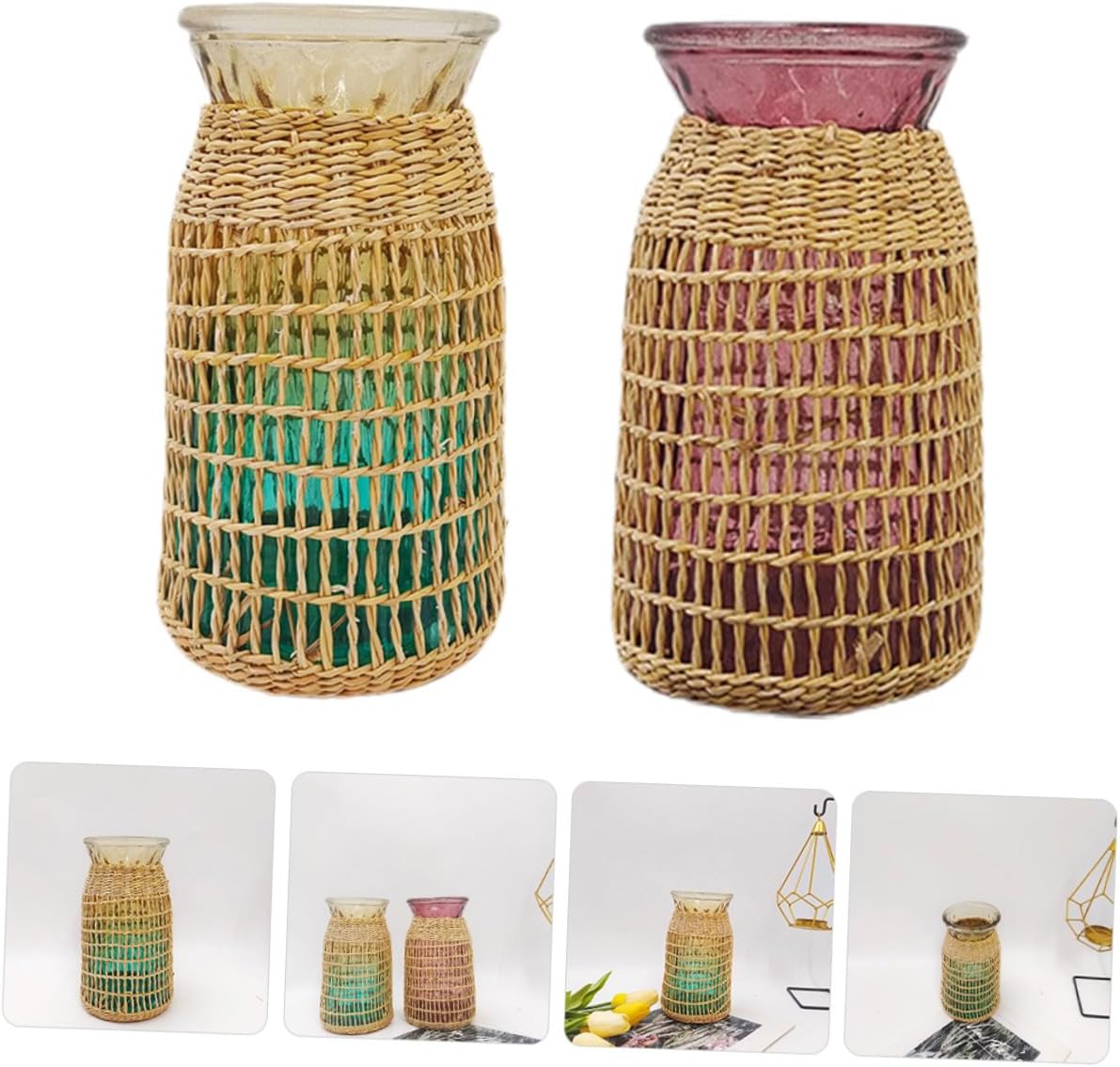 BESTOYARD 2pcs Rattan Woven Glass Flower Vase Set, Wide Mouth Desktop Vase, Decorative Planter Pot for Home and Office Décor, Blue and Burgundy Color, Boho Style