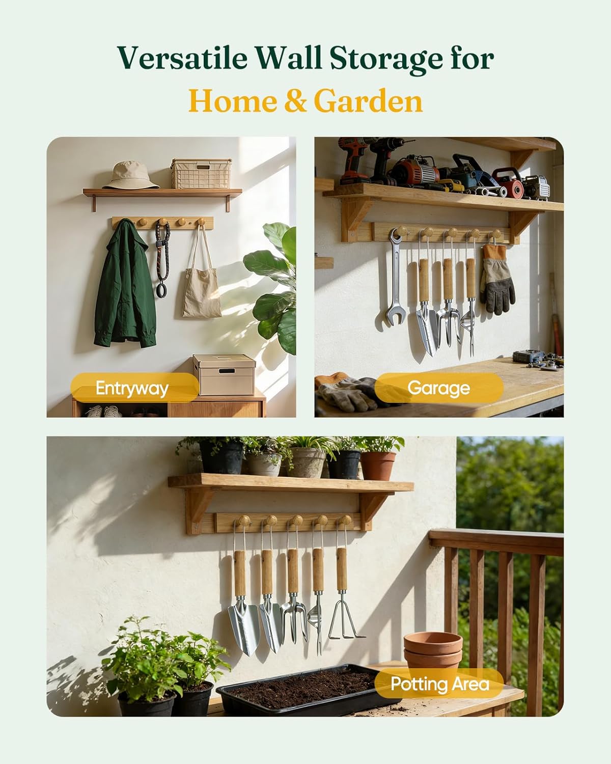 Wood Wall Hooks Organizer Gardening Tool Set, 6-Piece Garden Tools wit