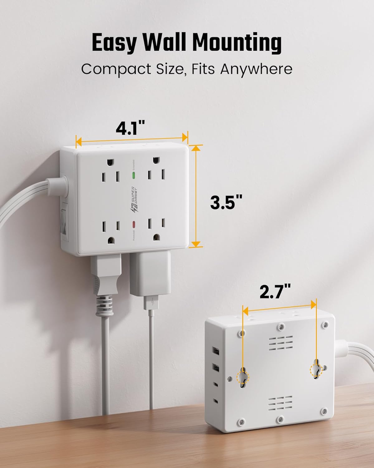 10Ft Extension Cord with Multiple Outlets, Flat Plug Surge Protector P