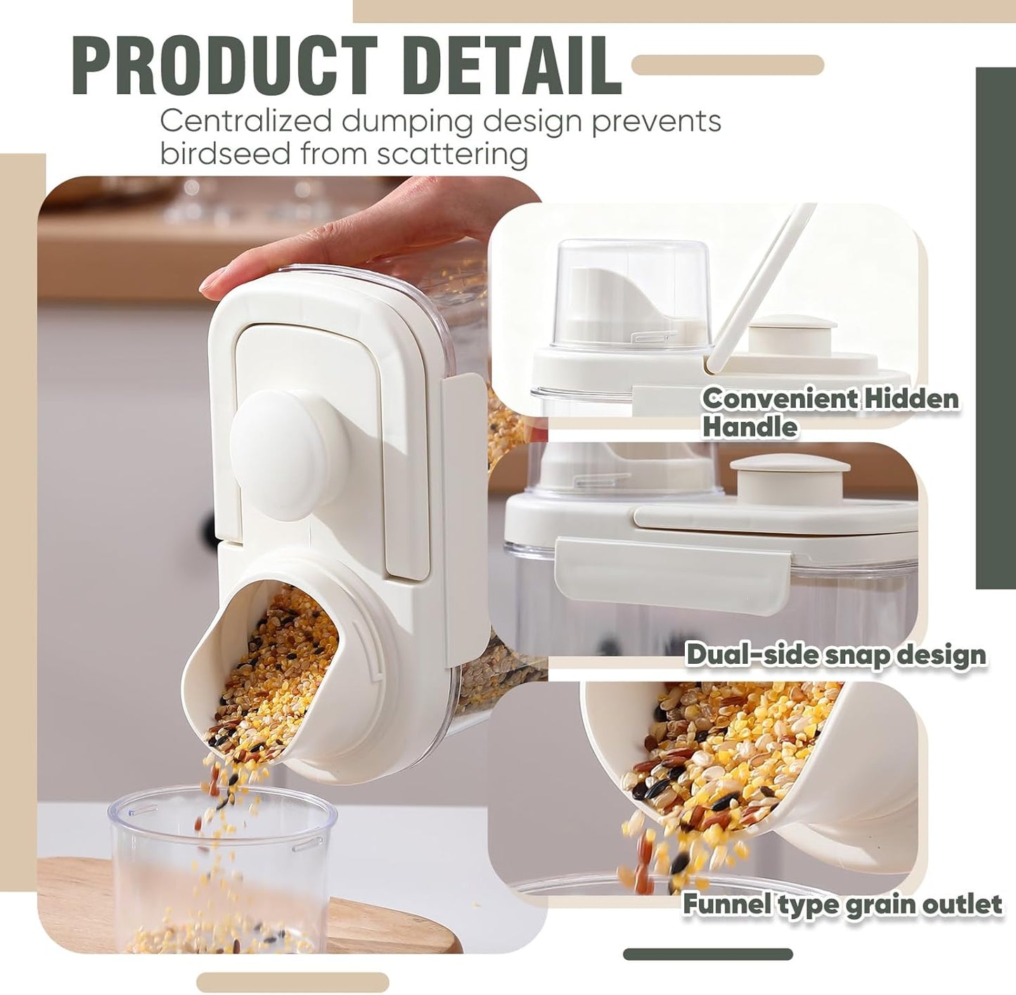 Maxdot 2 Pcs Bird Seed Storage Container 1.7 Qt/1.6 L with Tight Lids Airtight Cup Pet Food Storage Measuring Containers Lids with Pouring Spouts for Macaws African Grey Cockatoos(Beige)