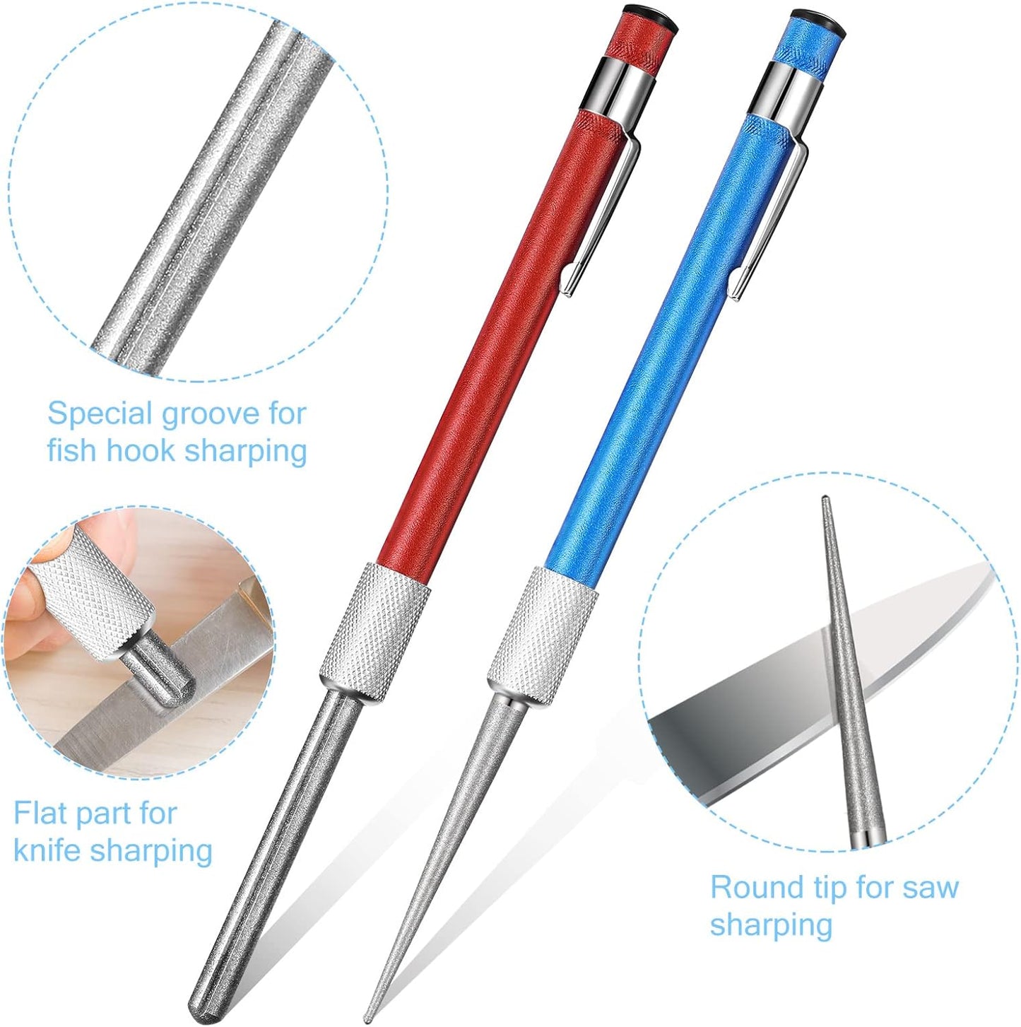 2 Pieces Diamond Retractable Knife Sharpener Steel Sharpening Rod for Kitchen Outdoor Serrated Stick Tools (Sky Blue, Red)