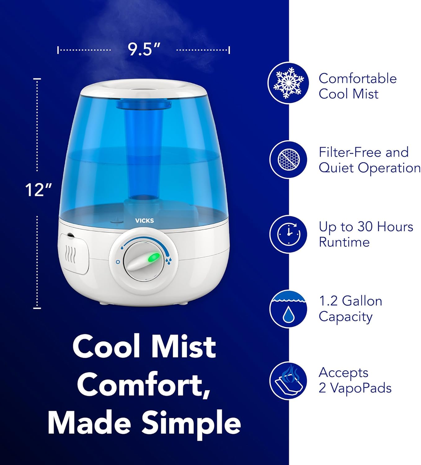 Vicks Filter-Free Ultrasonic Humidifier, Recommended by Pediatricians*, 1.2 Gal Ultrasonic Cool Mist Humidifiers for Bedrooms & Kids Rooms, Works with Vicks VapoPads
