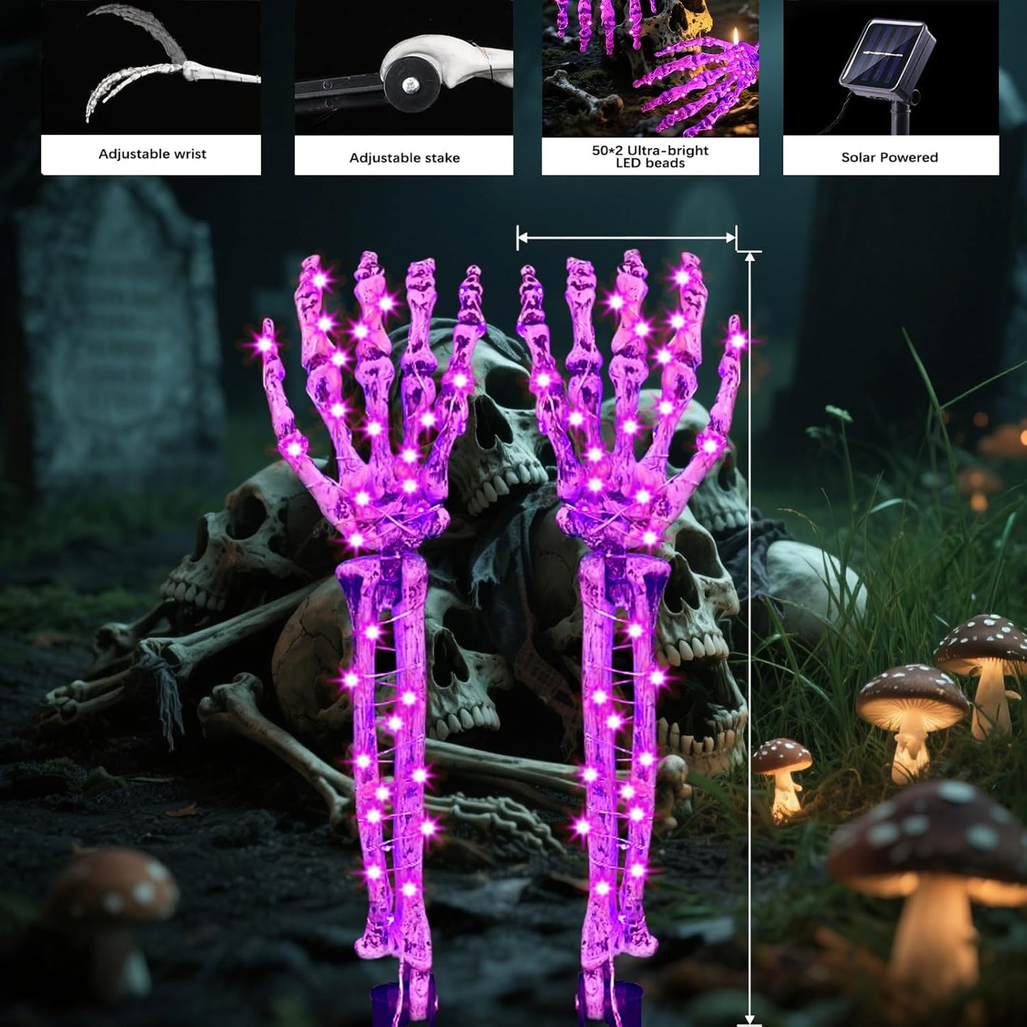 Halloween Solar Skeleton Arm Stakes with 100 Purple LED Lights, Scary LED Bone Hands with 8 Lighting Modes for Pathway Garden Outdoor Decorations