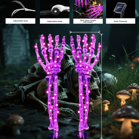Halloween Solar Skeleton Arm Stakes with 100 Purple LED Lights, Scary LED Bone Hands with 8 Lighting Modes for Pathway Garden Outdoor Decorations