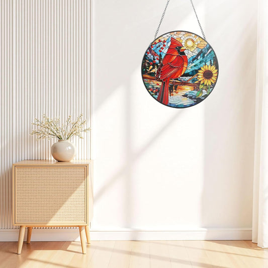 Cardinal Stained Glass Window Hanging with Sunflower, 7.9-Inch Suncatcher for Windows, Cardinal Gifts for Women, for Bird Lovers