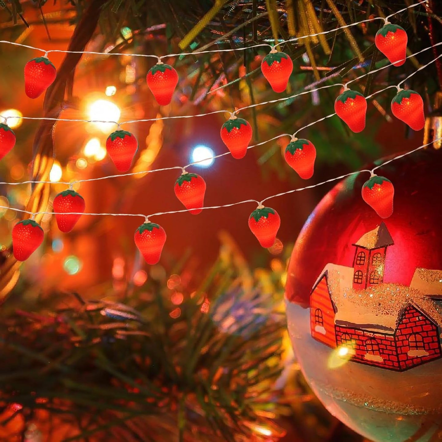 3M 20LED Fruit Strawberry String Lights Battery Powered Indoor Outdoor Lighting Lamp for Wedding Home Birthday Garden Yard Patio Party Christmas Tree Cute Decorations