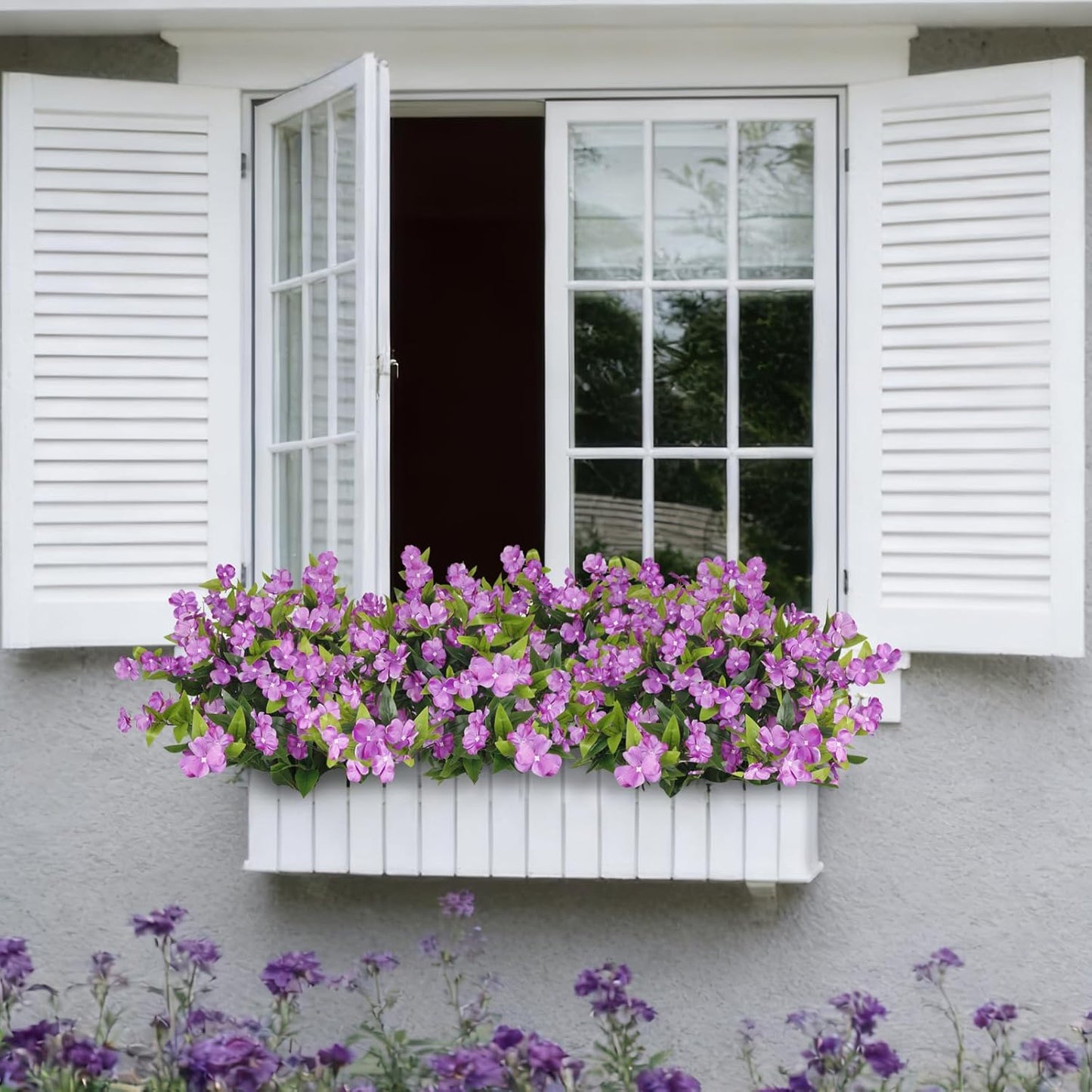 Artificial Flowers for Outdoors 2Pcs Faux Impatiens for Outdoor Planters UV Resistant Purple Silk Flowers Outside Artificial Impatiens Plants Bush for Front Porch Patio Garden Pot Balcony Decor