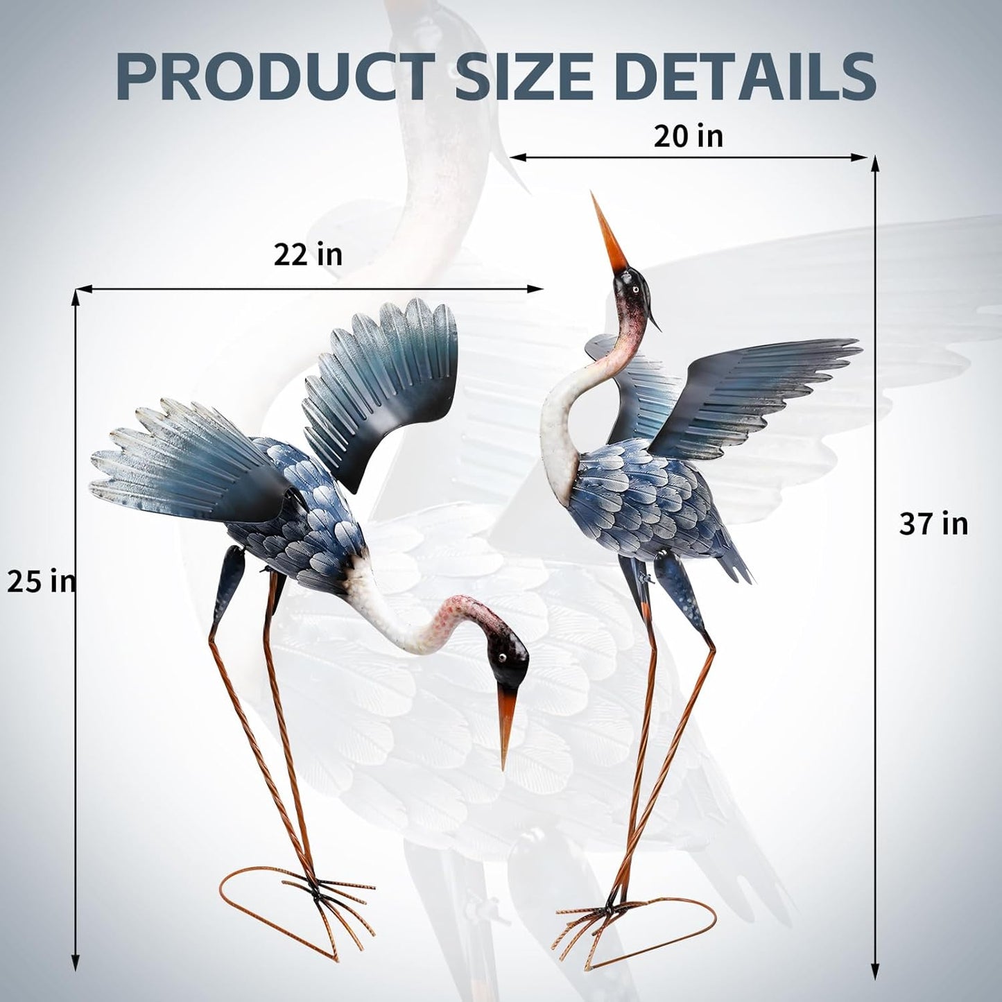 WONDER GARDEN Blue Heron Statue-Garden Statues for Outside - 2 Pack Crane Sculptures Statue, Metal Birds Yard Art for Pond, Patio, Outdoor, Porch Decor