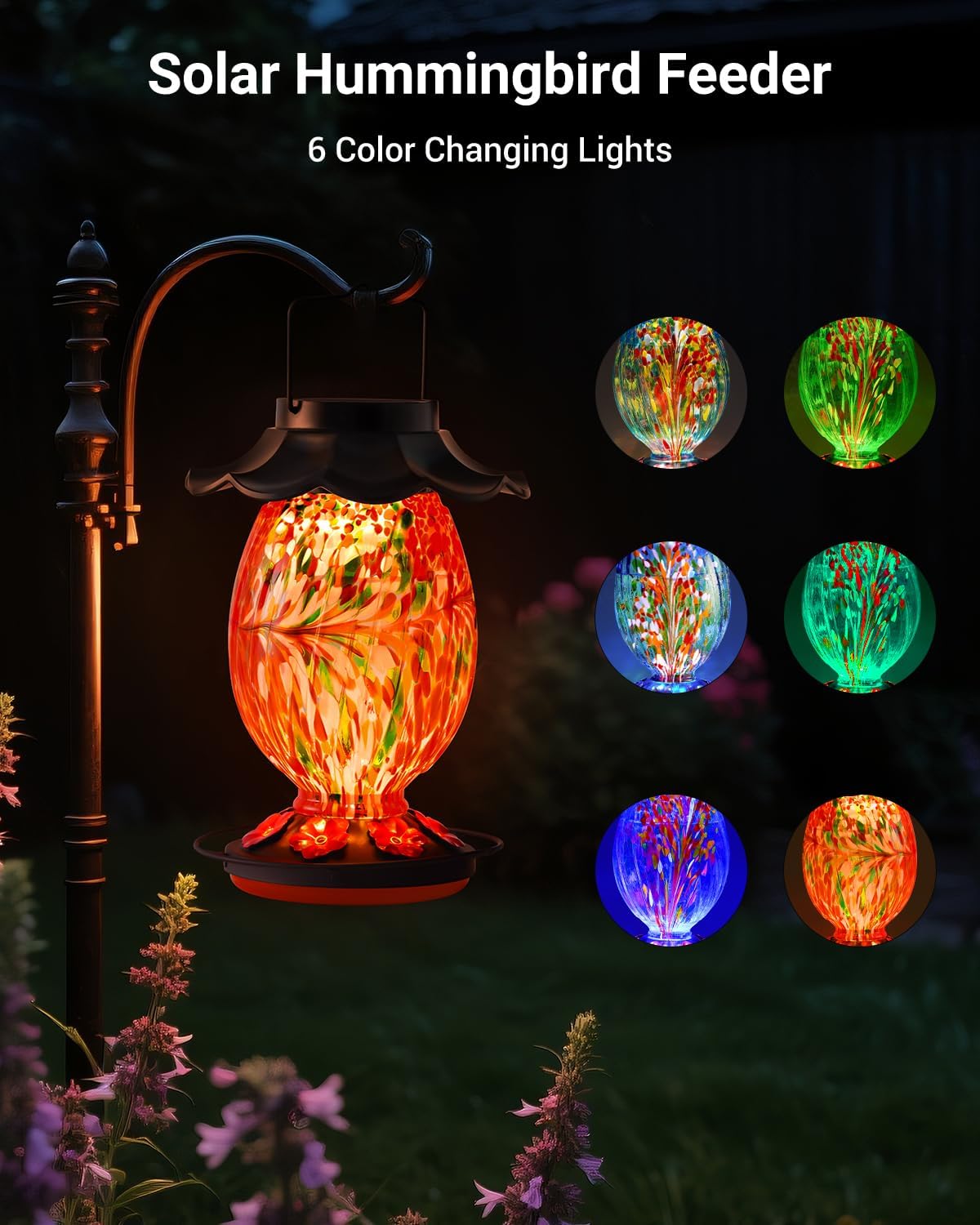 Solar Hummingbird Feeder - 49 fl.oz Hand Blown Glass Color Changing - 