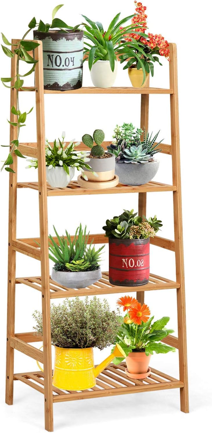 Giantex 4-Tier Ladder Shelf Plant Stand, Bamboo Flower Pots Holder Display Rack, Multifunctional Ladder-Shaped Bookshelf Storage Shelves for Home Office Living Room Bathroom Bedroom Kitchen (Natural)