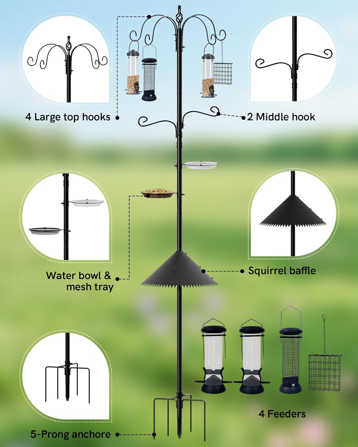 Bird Feeding Station, 94 Inch Wild Bird Feeders Pole with Wide Squirrel Baffle, 6-Hook, 4 Feeders, Water and Mesh Tray Humming Bird Feeders Stand for Outdoors Courtyards Gardens
