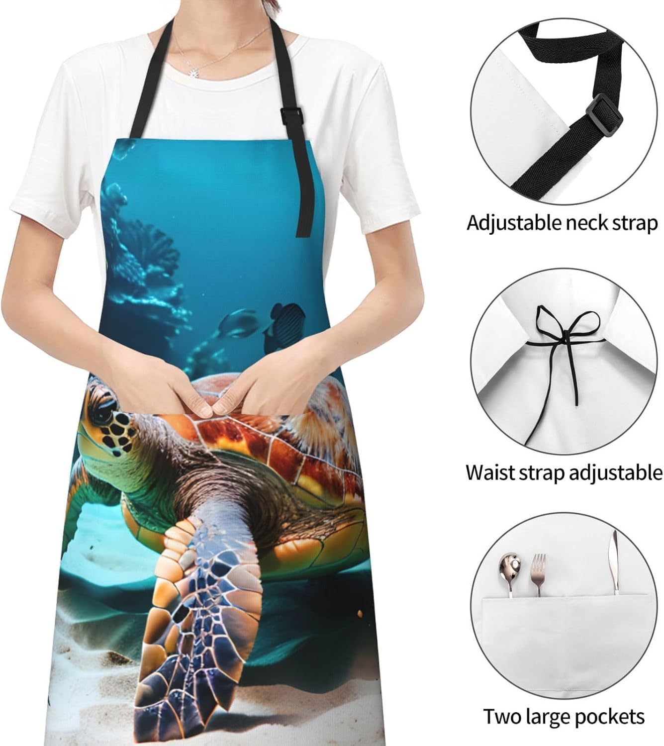 Sea Turtle Print Laundry apron 28x33 In Waterproof Kitchen Apron with Pockets for Cooking Baking
