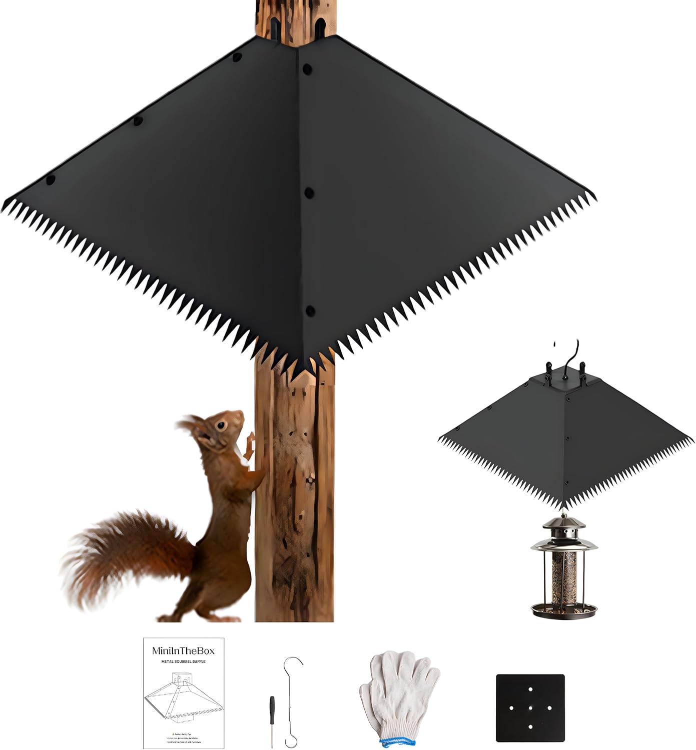 Squirrel Baffle for Bird Feeder Pole,Metal Guard for Shepherd's Hook & 4x4 Post, Raccoon Proof Outdoor Deterrent with 4pcs Warning Stickers, Bird House Protection