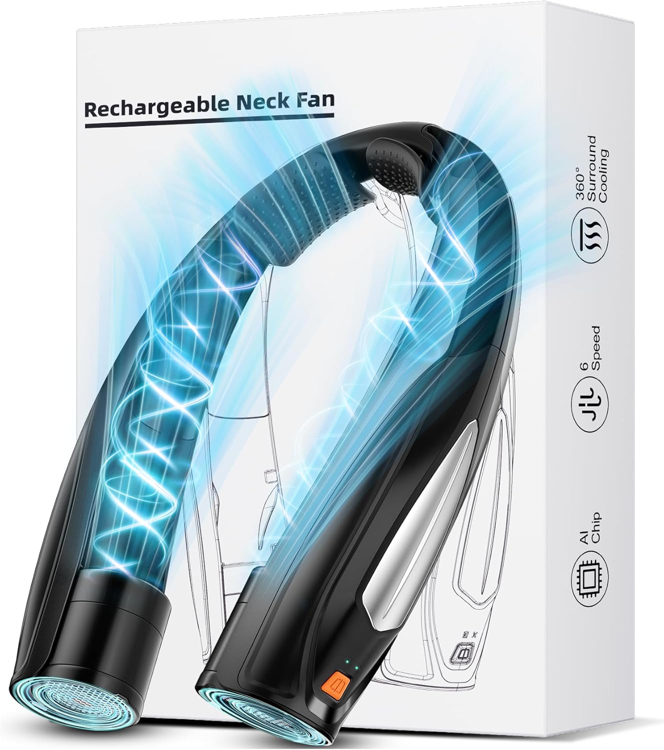 AI Neck Fan, 6 Speeds Adjustable Portable Personal Fan Rechargeable, Faster Cooling Wearable Fan, Ultra Quiet for Home, Office, Travel, Outdoor