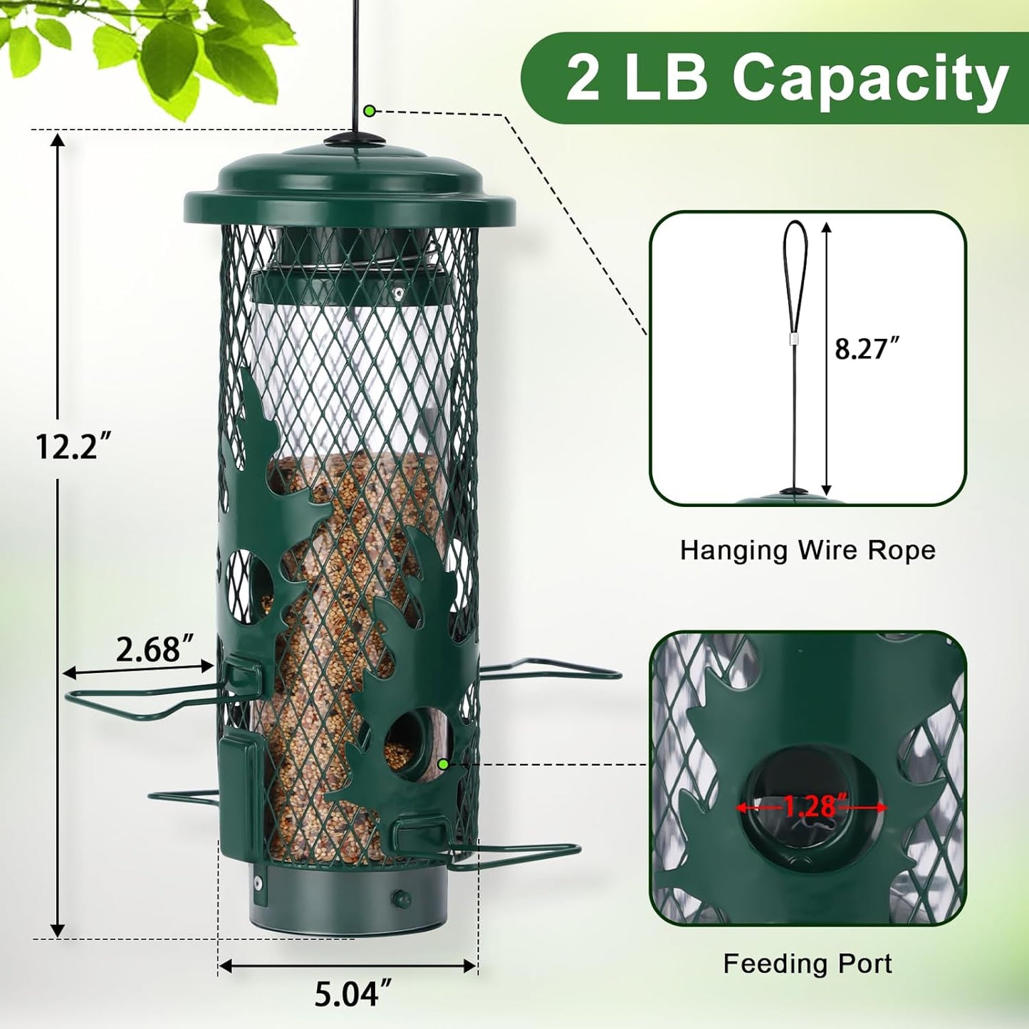 Squirrel Proof Bird Feeder for Outdoors Hanging, Metal Mesh Bird Feeder for Outsides with Gravity Protection for Small Birds, Weatherproof and Durable, Green