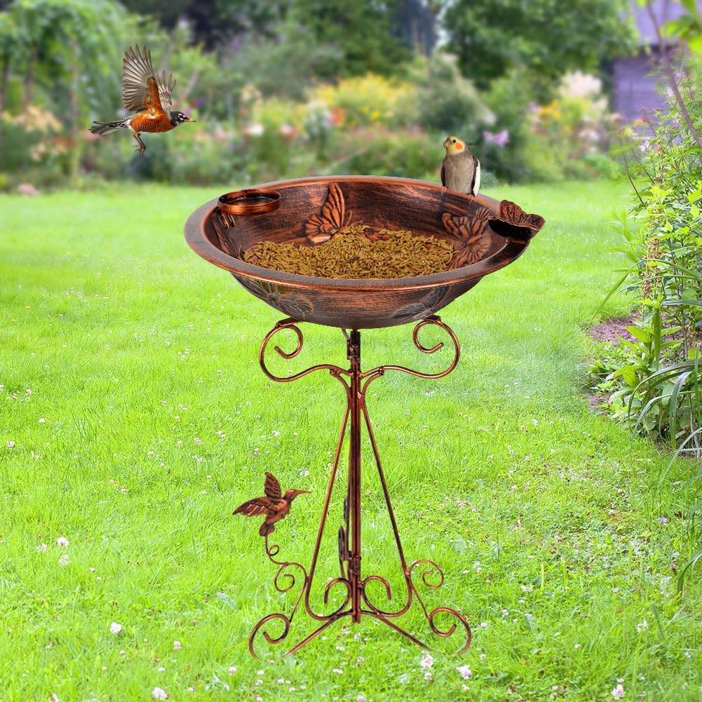 DREAMSOUL 13" Dia Bird Bath Stand with Folding Bracket, Vintage Copper Birdbath with Butterfly Pattern Metal Bird Bath for Outside