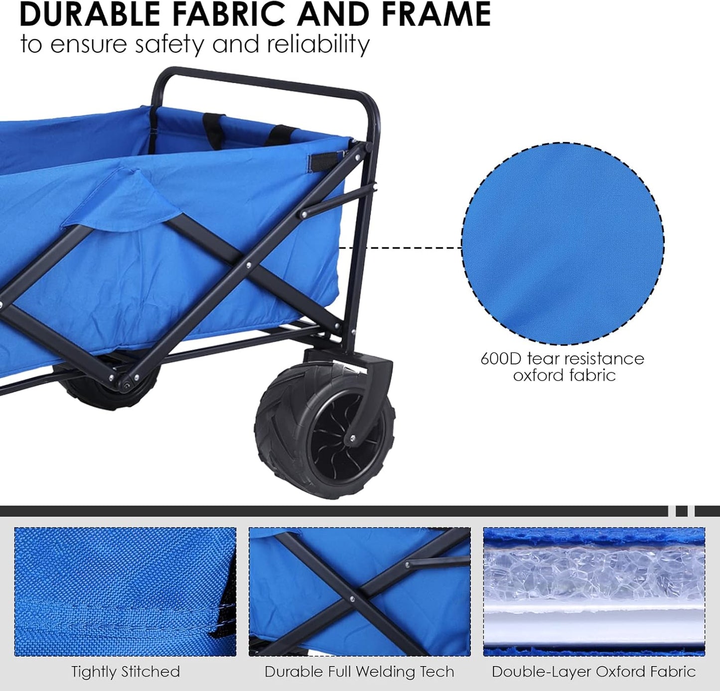 330lbs Heavy Duty Collapsible Wagon - All-Terrain 360° Wheels, Drink Holders, Beach Utility Cart - Foldable, Portable for Sand, Camping, Grocery, Garden - Outdoor Sports & Shopping Essential