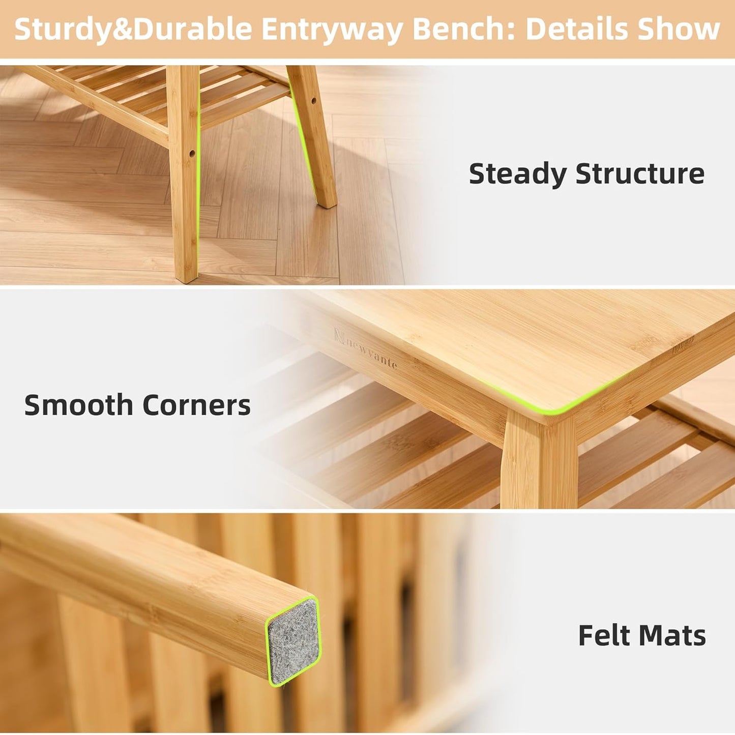 Nnewvante Bamboo Entryway Bench, 33.46" Indoor Storage Bench, Small Wood Benches for Living Room, Bedroom, Dining Room, Hallway, Outdoor Wooden Bench, Holds up to 300lbs