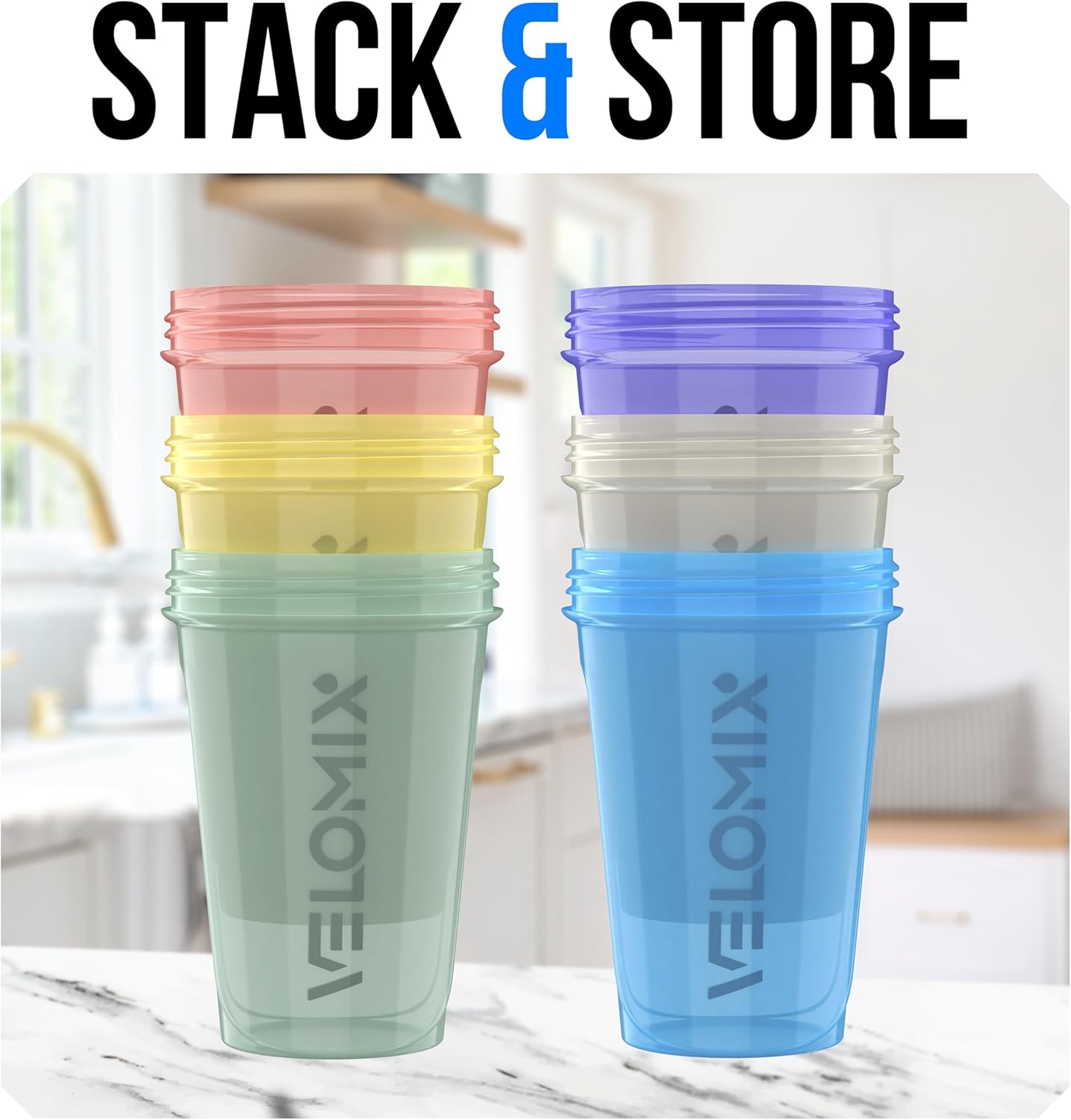 VELOMIX -6 PACK- 20 oz Protein Shaker Bottle for Protein Mixes - 6x Wi